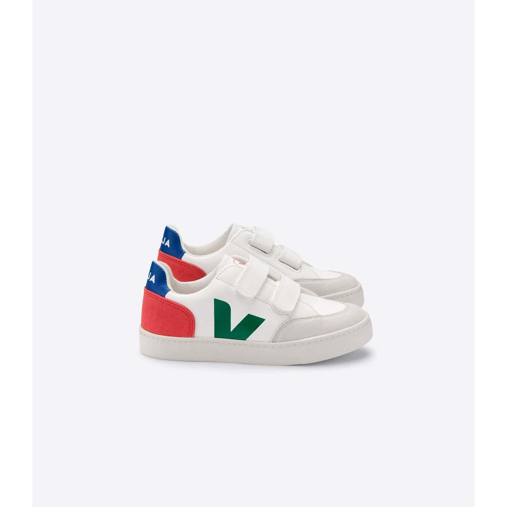 White/Green/Red Kids\' Veja V-12 LEATHER Sneakers | AU 875CTV